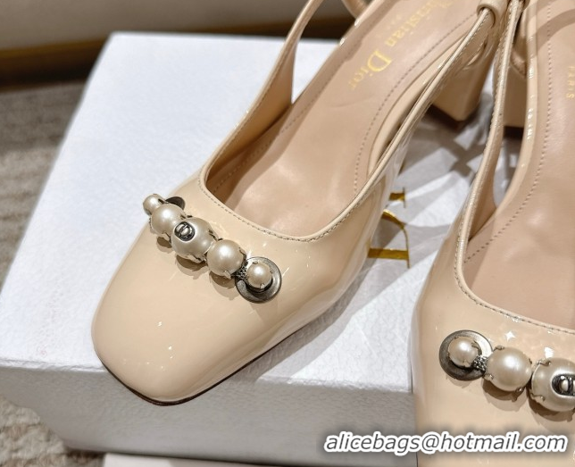 Purchase Dior Patent Calfskin Slingback Pumps 5.5cm with Pearls Nude DR082201 0822042
