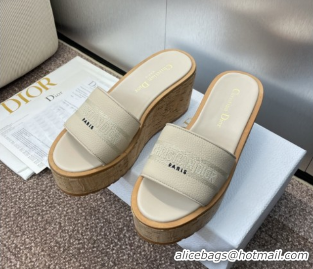 Fashion Dior Dway Platform Wedge Slides Sandal 10cm in Grained Calfskin Cream 0822043