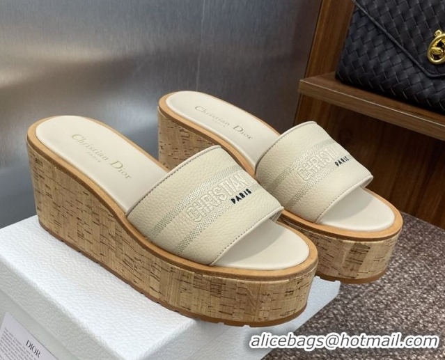 Fashion Dior Dway Platform Wedge Slides Sandal 10cm in Grained Calfskin Cream 0822043