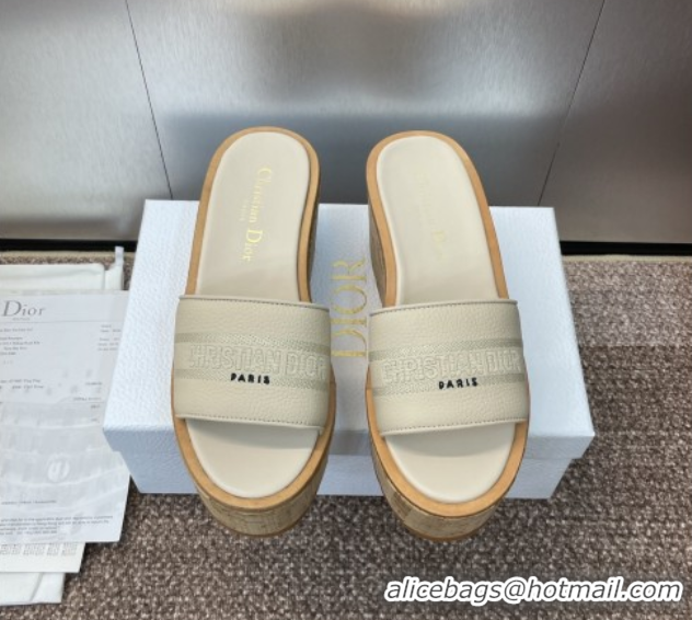 Fashion Dior Dway Platform Wedge Slides Sandal 10cm in Grained Calfskin Cream 0822043