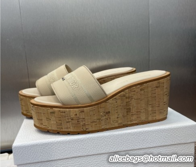 Fashion Dior Dway Platform Wedge Slides Sandal 10cm in Grained Calfskin Cream 0822043
