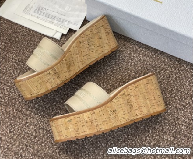 Fashion Dior Dway Platform Wedge Slides Sandal 10cm in Grained Calfskin Cream 0822043