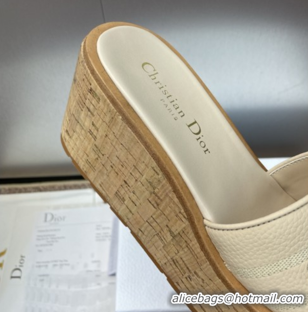Fashion Dior Dway Platform Wedge Slides Sandal 10cm in Grained Calfskin Cream 0822043