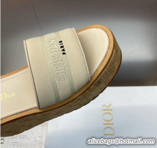 Fashion Dior Dway Platform Wedge Slides Sandal 10cm in Grained Calfskin Cream 0822043