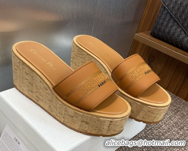 Best Product Dior Dway Platform Wedge Slides Sandal 10cm in Grained Calfskin Brown 0822044