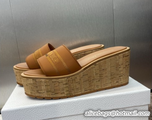 Best Product Dior Dway Platform Wedge Slides Sandal 10cm in Grained Calfskin Brown 0822044