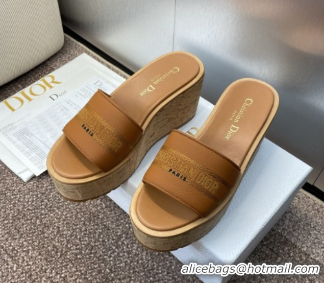 Best Product Dior Dway Platform Wedge Slides Sandal 10cm in Grained Calfskin Brown 0822044