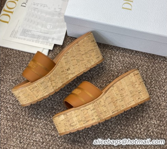 Best Product Dior Dway Platform Wedge Slides Sandal 10cm in Grained Calfskin Brown 0822044