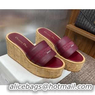 Good Taste Dior Dway Platform Wedge Slides Sandal 10cm in Grained Calfskin Burgundy 0822045