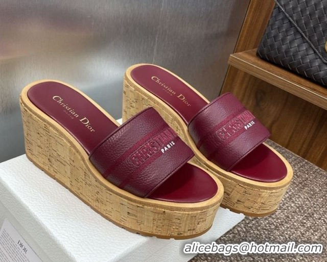 Good Taste Dior Dway Platform Wedge Slides Sandal 10cm in Grained Calfskin Burgundy 0822045