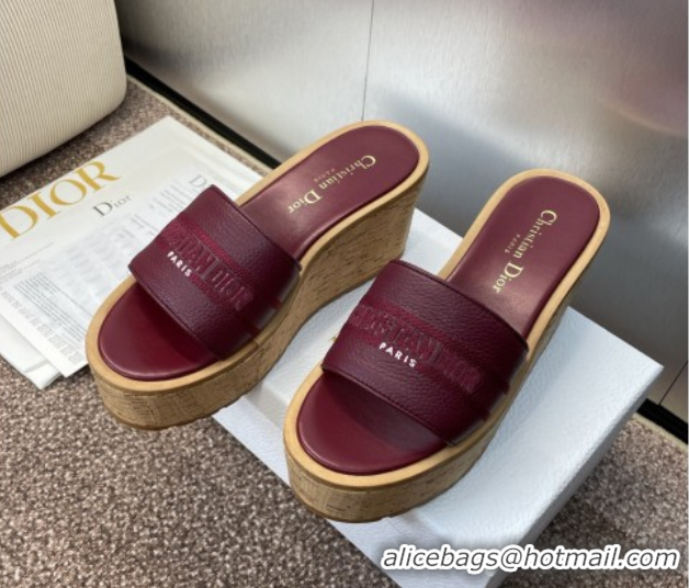 Good Taste Dior Dway Platform Wedge Slides Sandal 10cm in Grained Calfskin Burgundy 0822045