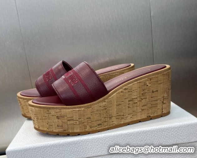 Good Taste Dior Dway Platform Wedge Slides Sandal 10cm in Grained Calfskin Burgundy 0822045