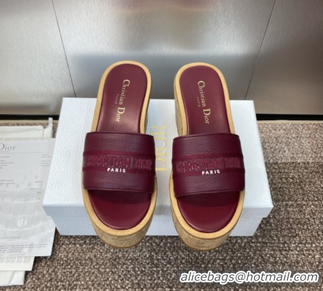 Good Taste Dior Dway Platform Wedge Slides Sandal 10cm in Grained Calfskin Burgundy 0822045