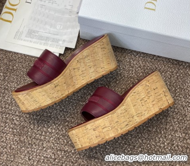 Good Taste Dior Dway Platform Wedge Slides Sandal 10cm in Grained Calfskin Burgundy 0822045
