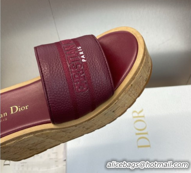 Good Taste Dior Dway Platform Wedge Slides Sandal 10cm in Grained Calfskin Burgundy 0822045