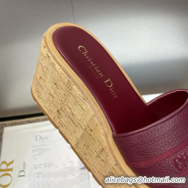 Good Taste Dior Dway Platform Wedge Slides Sandal 10cm in Grained Calfskin Burgundy 0822045