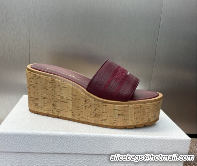 Good Taste Dior Dway Platform Wedge Slides Sandal 10cm in Grained Calfskin Burgundy 0822045