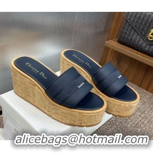 Perfect Dior Dway Platform Wedge Slides Sandal 10cm in Calfskin Leather Deep Blue 0822046