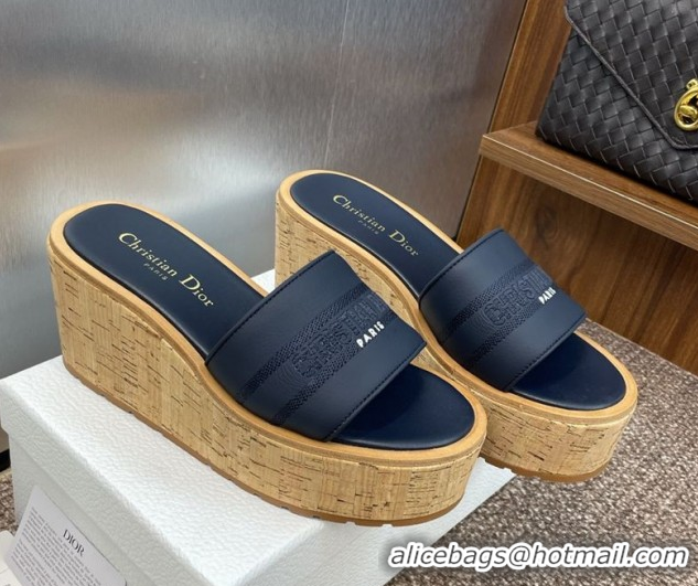 Perfect Dior Dway Platform Wedge Slides Sandal 10cm in Calfskin Leather Deep Blue 0822046