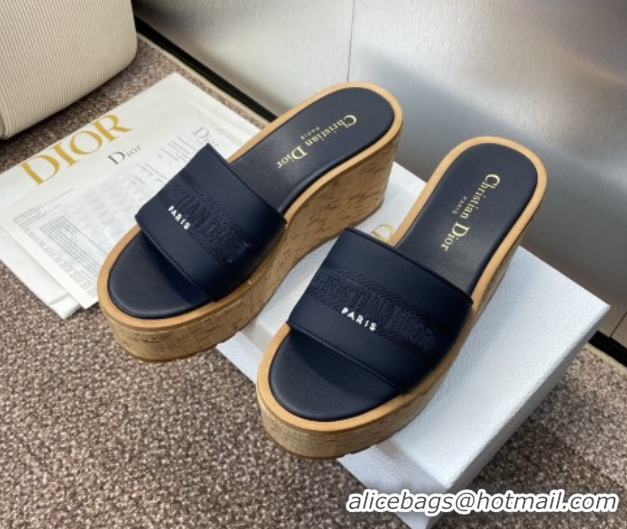 Perfect Dior Dway Platform Wedge Slides Sandal 10cm in Calfskin Leather Deep Blue 0822046