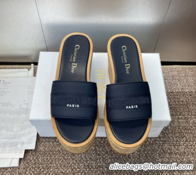 Perfect Dior Dway Platform Wedge Slides Sandal 10cm in Calfskin Leather Deep Blue 0822046