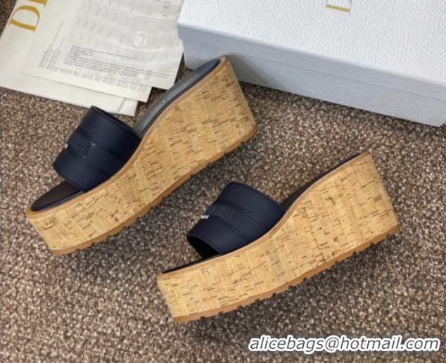 Perfect Dior Dway Platform Wedge Slides Sandal 10cm in Calfskin Leather Deep Blue 0822046