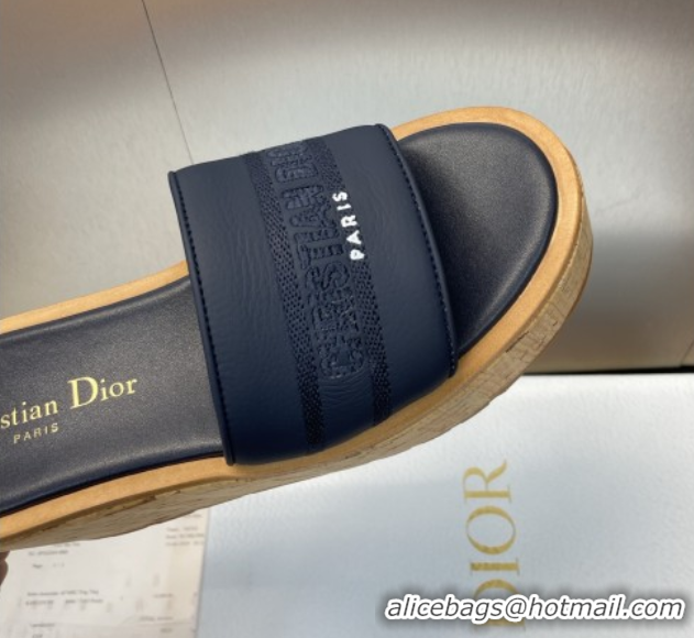 Perfect Dior Dway Platform Wedge Slides Sandal 10cm in Calfskin Leather Deep Blue 0822046
