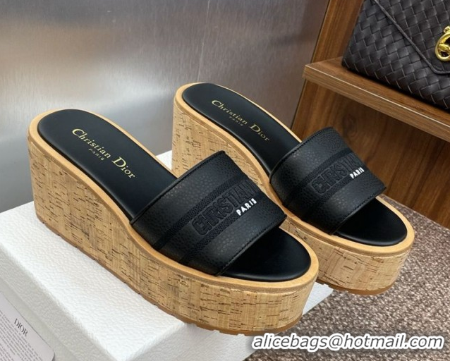 Best Quality Dior Dway Platform Wedge Slides Sandal 10cm in Grained Calfskin Black 0822048