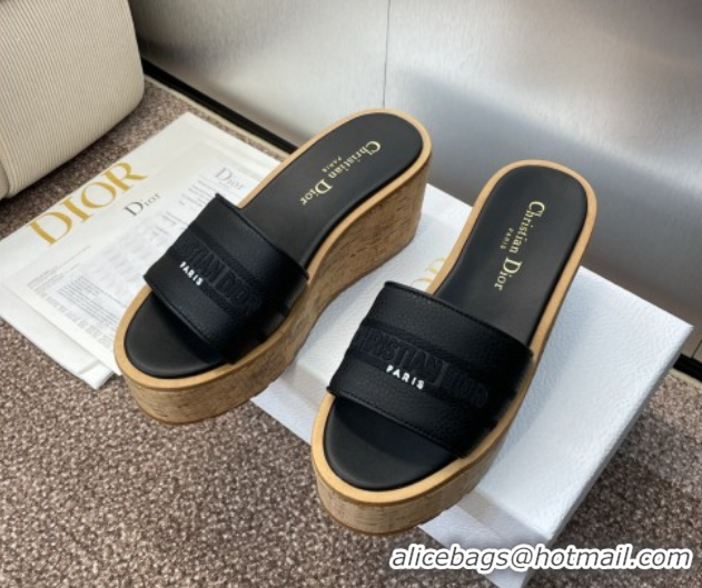 Best Quality Dior Dway Platform Wedge Slides Sandal 10cm in Grained Calfskin Black 0822048