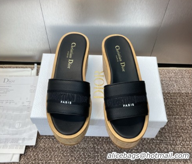 Best Quality Dior Dway Platform Wedge Slides Sandal 10cm in Grained Calfskin Black 0822048