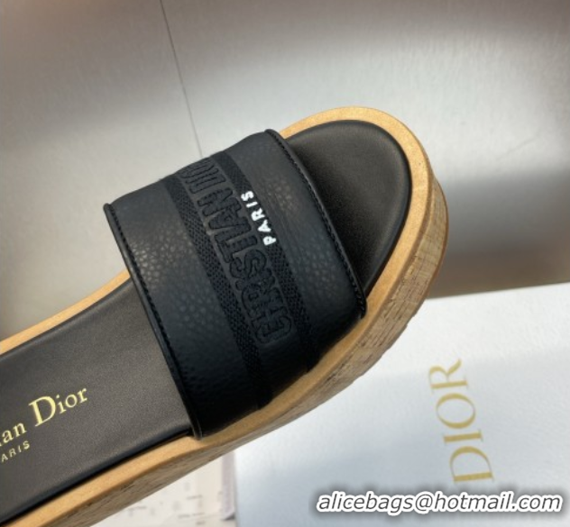 Best Quality Dior Dway Platform Wedge Slides Sandal 10cm in Grained Calfskin Black 0822048