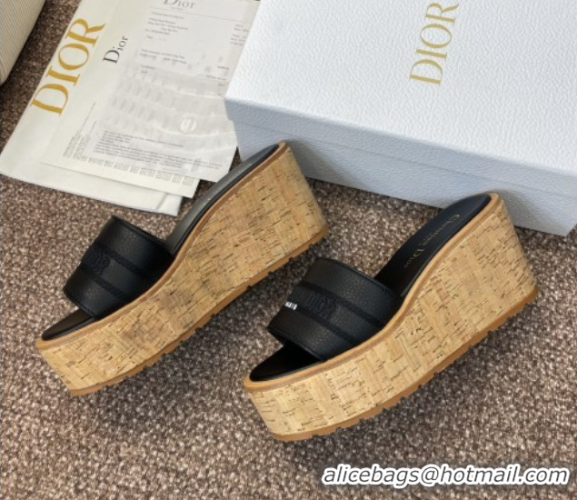Best Quality Dior Dway Platform Wedge Slides Sandal 10cm in Grained Calfskin Black 0822048