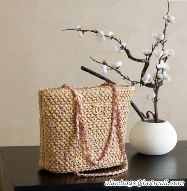 Spot Bulk Chanel Raffia Straw Small Shopping Bag CH101003 Beige/Pink 2025