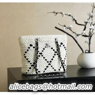 Top Quality Chanel Raffia Straw Small Shopping Bag CH101003 White/Black 2025