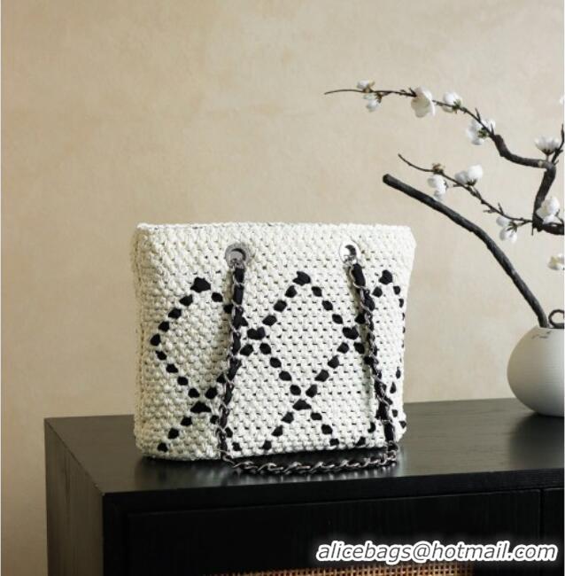 Top Quality Chanel Raffia Straw Small Shopping Bag CH101003 White/Black 2025