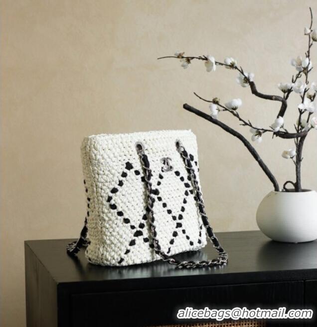 Top Quality Chanel Raffia Straw Small Shopping Bag CH101003 White/Black 2025