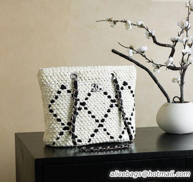 Top Quality Chanel Raffia Straw Small Shopping Bag CH101003 White/Black 2025