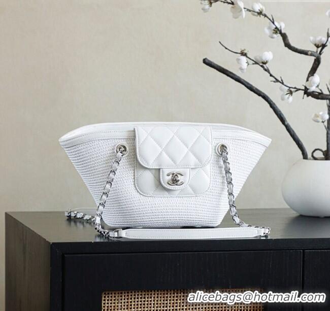 Buy Classic Chanel Raffia Straw and Calfskin Small Shopping Bag AS5951 White 2025