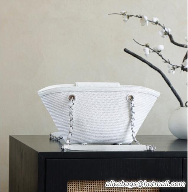 Buy Classic Chanel Raffia Straw and Calfskin Small Shopping Bag AS5951 White 2025