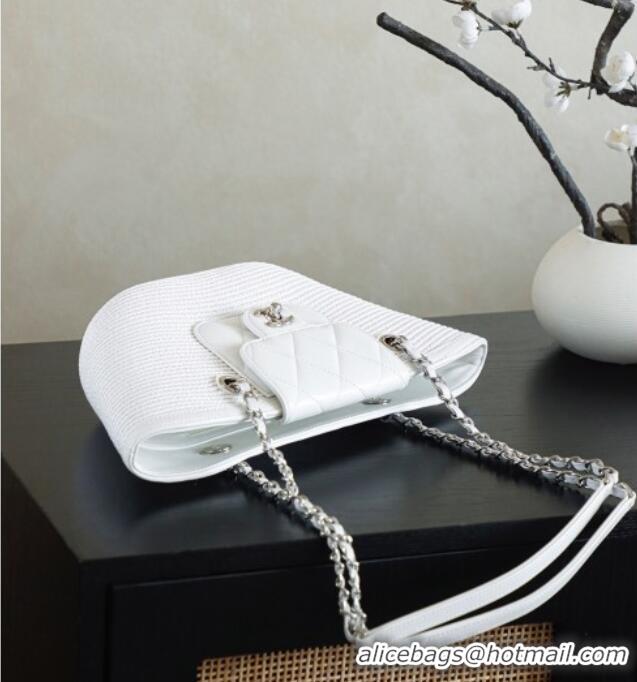 Buy Classic Chanel Raffia Straw and Calfskin Small Shopping Bag AS5951 White 2025