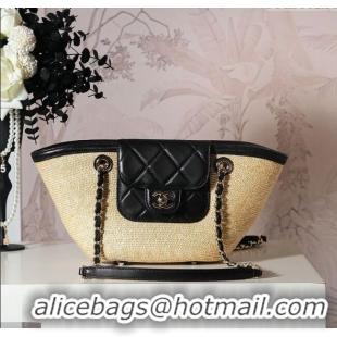 Market Sells Chanel Raffia Straw and Calfskin Small Shopping Bag AS5951 Beige/Black 2025