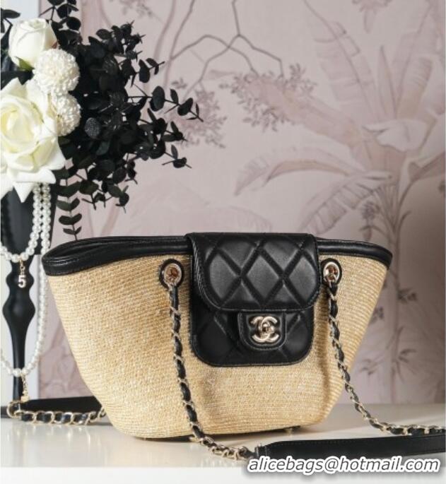 Market Sells Chanel Raffia Straw and Calfskin Small Shopping Bag AS5951 Beige/Black 2025