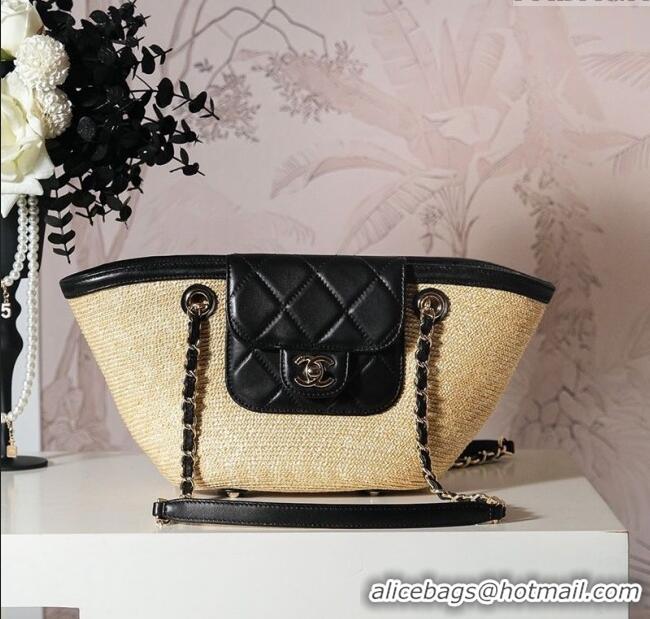 Market Sells Chanel Raffia Straw and Calfskin Small Shopping Bag AS5951 Beige/Black 2025