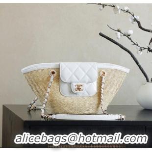 New Stylish Chanel Raffia Straw and Calfskin Small Shopping Bag AS5951 White/Beige 2025