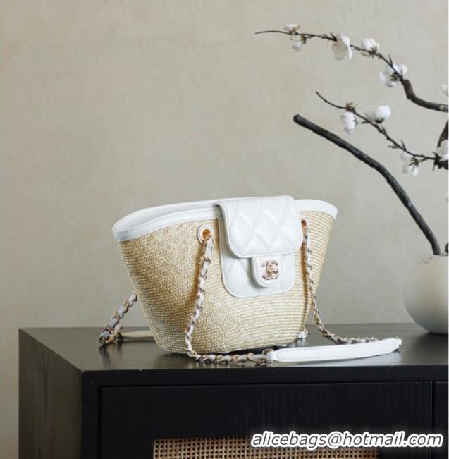 New Stylish Chanel Raffia Straw and Calfskin Small Shopping Bag AS5951 White/Beige 2025