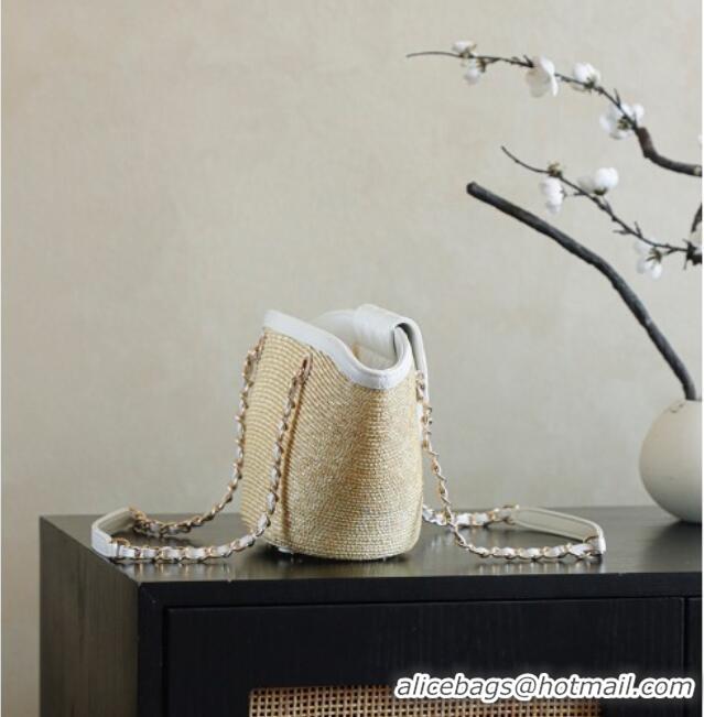 New Stylish Chanel Raffia Straw and Calfskin Small Shopping Bag AS5951 White/Beige 2025
