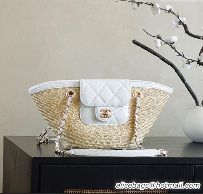 New Stylish Chanel Raffia Straw and Calfskin Small Shopping Bag AS5951 White/Beige 2025