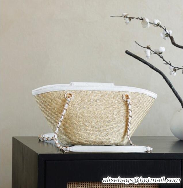 New Stylish Chanel Raffia Straw and Calfskin Small Shopping Bag AS5951 White/Beige 2025