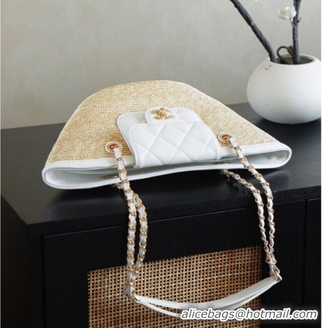 New Stylish Chanel Raffia Straw and Calfskin Small Shopping Bag AS5951 White/Beige 2025