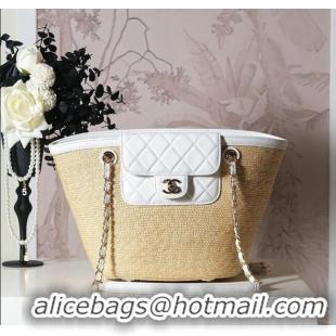 Hot Style Chanel Raffia Straw and Calfskin Large Shopping Bag AS5951 Beige/White 2025